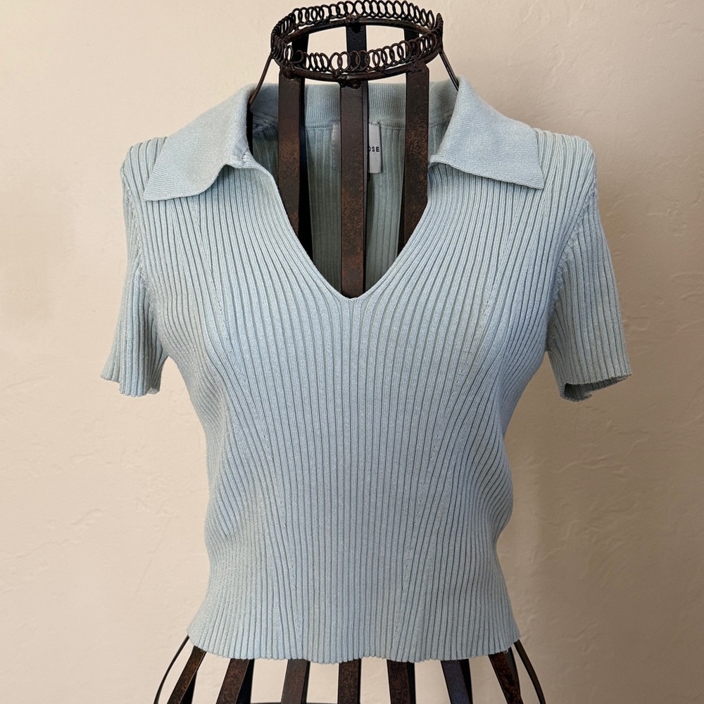 Pink Rose Sky Blue Ribbed Blouse